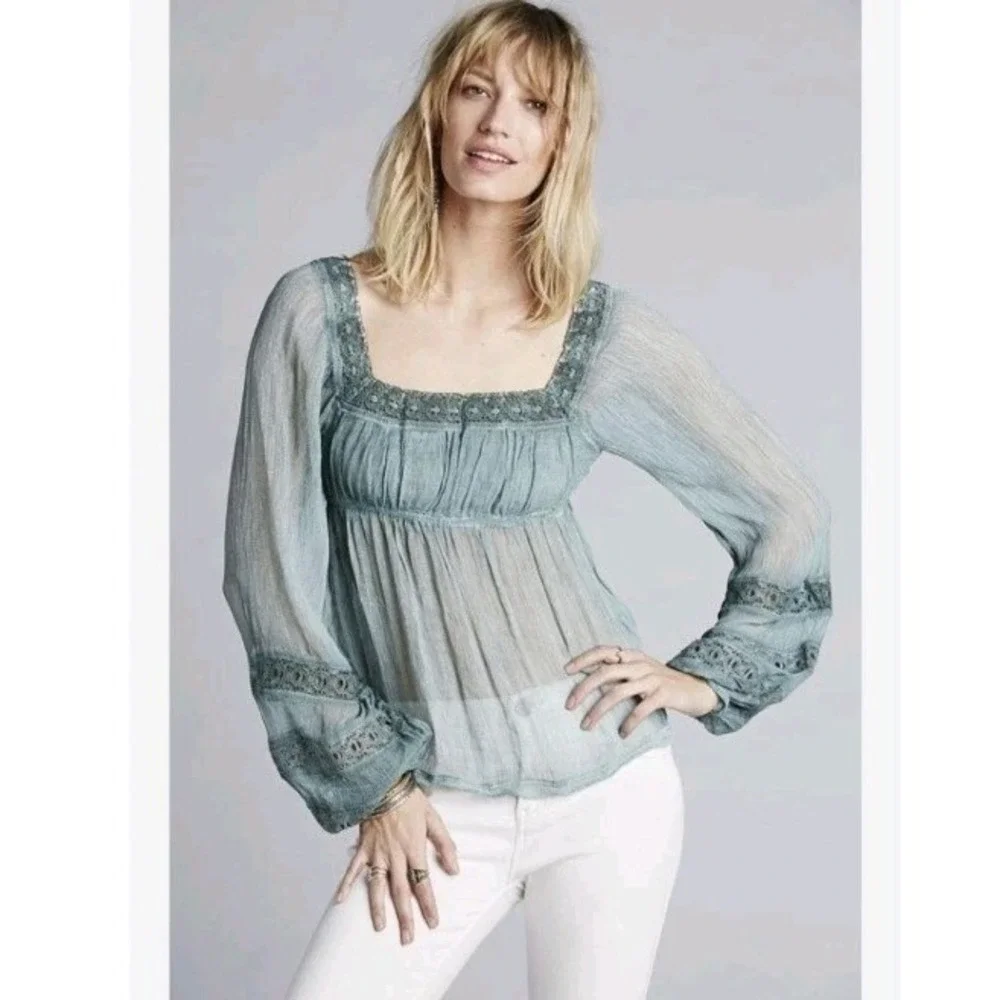 Free People Peasant Top Size Medium Moonchaser Blue Dust Mineral Puff Sleeve‎